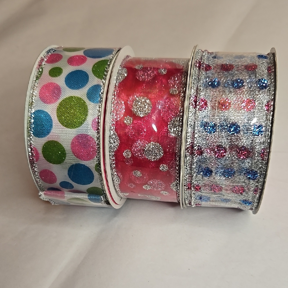 NWT 3 Spools Wired Edge Ribbon Metallic Silver Pink Blue Green Polka Dots